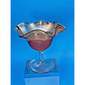 Antique Carnival Glass Compote Marigold Iridescent Ruffled Pedestal Bowl